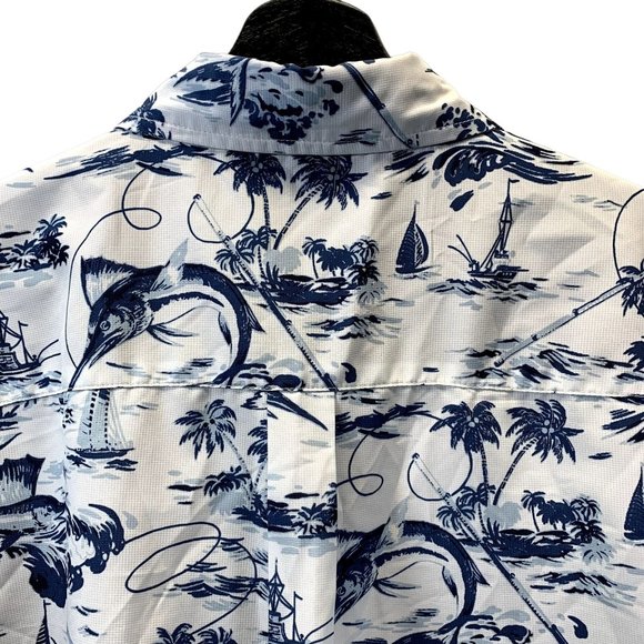 Chaps Shirt Mens XL White Blue Fish Print UPF50+ Hawaiian Fishing Button Down - Picture 8 of 11